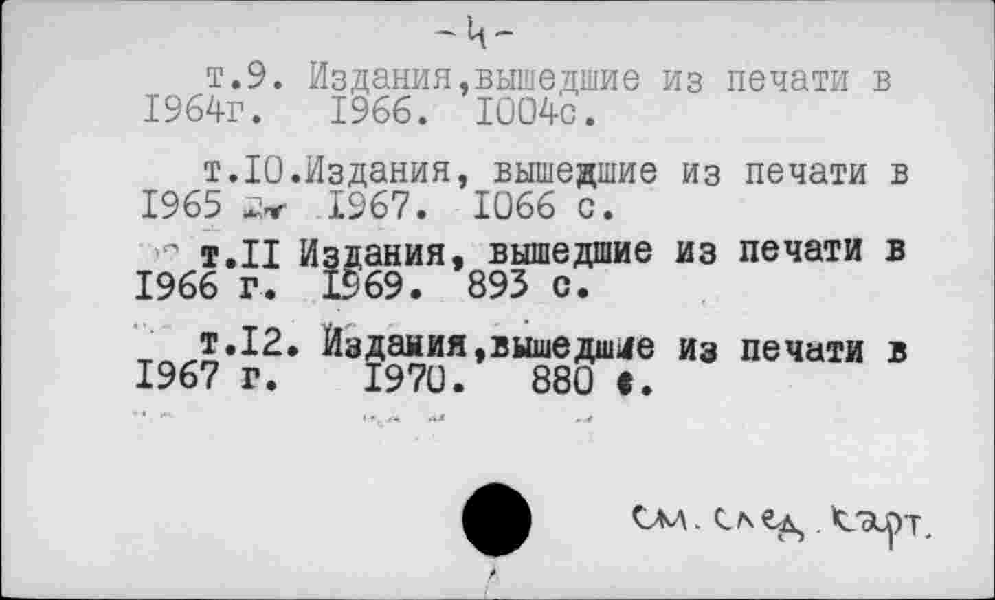 ﻿-ц-
т.9. Издания.вышедшие из печати в 1964г.	1966. 1004с.
т.10.Издания, вышедшие из печати в
1965	1967. 1066 с.
" Т.П Издания, вышедшие из печати в
1966	г. 1969. 893 с.
т т.12. Издания,вышедшее из печати в
1967	г. 1970.	880 f.